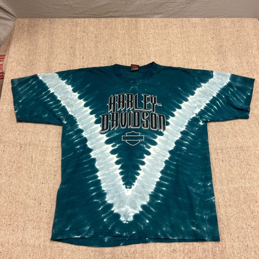 Vintage Harley Davidson Mens XL Blue 1990s Tie Dye Laramie Wyoming